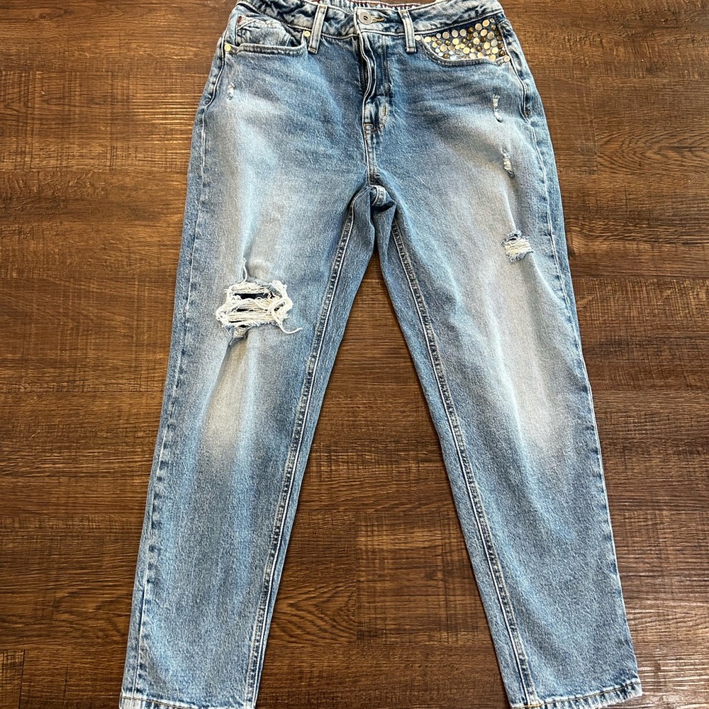 Stylish Blue Straight Leg Jeans 90s taper high rise size 10 short